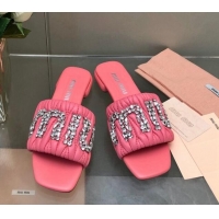 Good Product Miu Miu Matelasse Leather Flat Slide Sandals with Crystals Logo Pink 327099