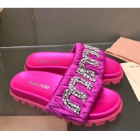 Stylish Miu Miu Matelasse Satin Platform Slide Sandals with Crystals Logo Pink 327104