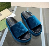 Good Product Gucci GG Velvet Platform Slide Sandal 5.5cm Blue 316017