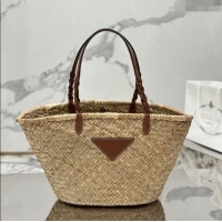 Promotional Prada Woven Palm and Leather Tote Bag 1BG314 Beige/Brown 2023