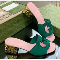 Best Grade Gucci Suede Metal-Tone Heel Slide Sandals 5.5cm with Interlocking G Cutout Green/Pink 319056