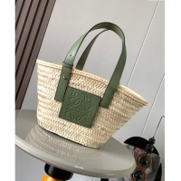 Buy Fashionable Loewe Small Basket bag in raffia straw and calfskin 8004 Green 2024