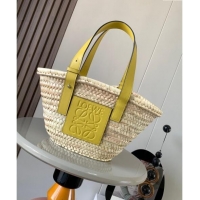 New Design Loewe Small Basket bag in raffia straw and calfskin 8004 Yellow 2024
