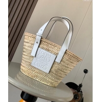 Pretty Style Loewe Small Basket bag in raffia straw and calfskin 8004 White 2024