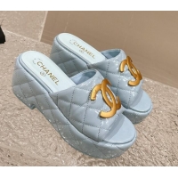 Low Price Chanel Shiny Calfskin Wedge Slide Sandals with Metal-Tone Maxi-CC Light Blue 323027