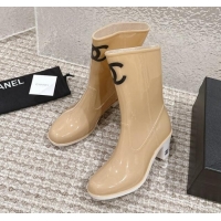 Lowest Cost Chanel patent Rubber Heel Rain Boots with CC Beige 323041