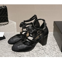 Luxury Chanel Lambskin Mary Janes Pumps with Bow and Camellia Bloom Black 325015