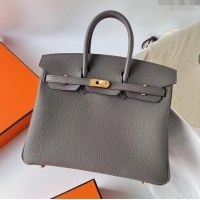 Luxurious Hermes Birkin 25cm Bag in Original Togo Leather HB025 Tinware Grey/Gold (Pure Handmade)