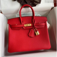 Modern Classic Hermes Birkin 25cm Bag in Original Togo Leather HB025 Red/Gold (Pure Handmade)