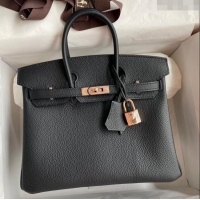 Top Design Hermes Birkin 25cm Bag in Original Togo Leather HB025 Black/Pink Gold (Pure Handmade)