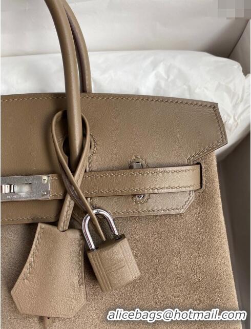 Super Quality Hermes Birkin 25 Bag in Original Swift and Suede Leather H025 Etoupe/Silver 2024 (Full Handmade)