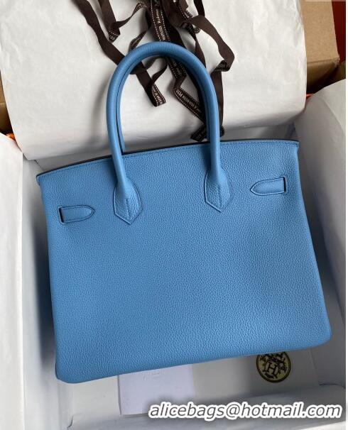 Top Grade Hermes Birkin 30cm Bag in Original Togo Leather H30 Paradiso Blue/Silver 2024 (Full Handmade)