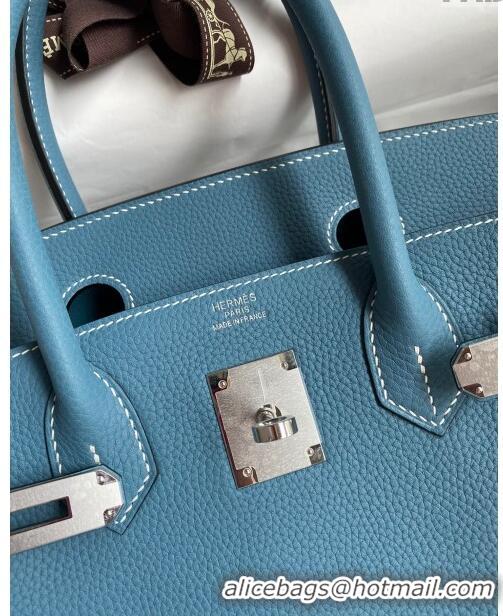 Super Quality Hermes Birkin 30cm Bag in Original Togo Leather H30 Denim Blue/Silver 2024 (Full Handmade)