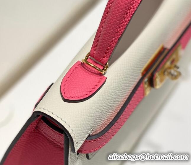 New Design Hermes Mini Kelly II Bag 19cm in Epsom Leather H19 Cream White/Rose Lipstick Pink 2023 (Half Handmade)
