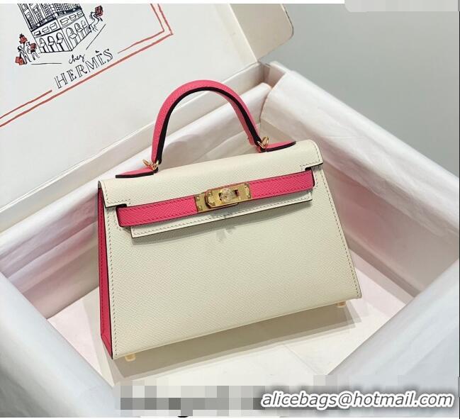 New Design Hermes Mini Kelly II Bag 19cm in Epsom Leather H19 Cream White/Rose Lipstick Pink 2023 (Half Handmade)