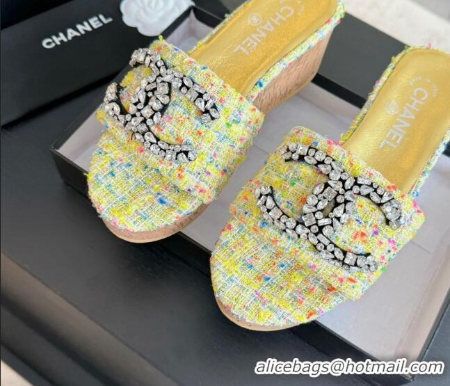 Stylish Chanel Tweed Wedge Slide Sandals 5.5cm with Crystals CC Yellow 424095