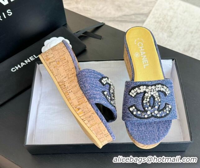Luxurious Chanel Denim Wedge Slide Sandals 5.5cm with Crystals CC Purple 424101