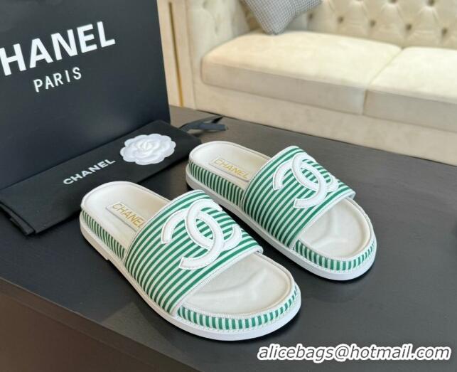 Perfect Chanel Striped Slide Sandals Green 424103