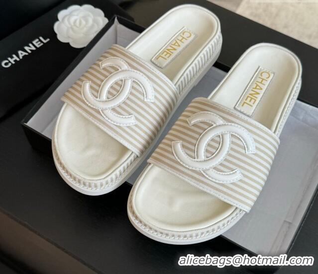 Modern Chanel Striped Slide Sandals Beige 424106