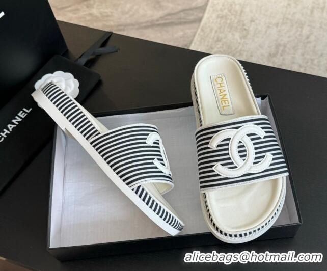 Durable Chanel Striped Slide Sandals Black 424107