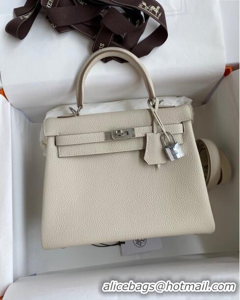 Sumptuous Hermes Kelly 25/28cm Bag in Original Togo Leather K2528 Milkshake white/Silver 2024 (Half Handmade)
