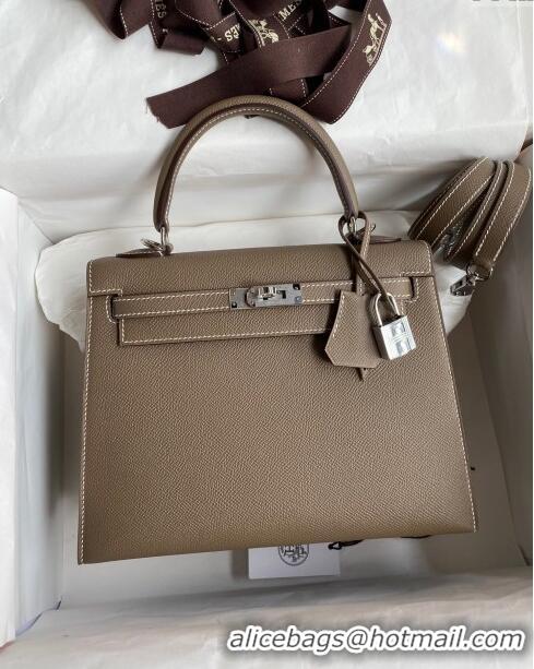 Grade Design Hermes Kelly 32cm Bag in Original Epsom Leather K32 Etoupe/Silver 2024 (Half Handmade)