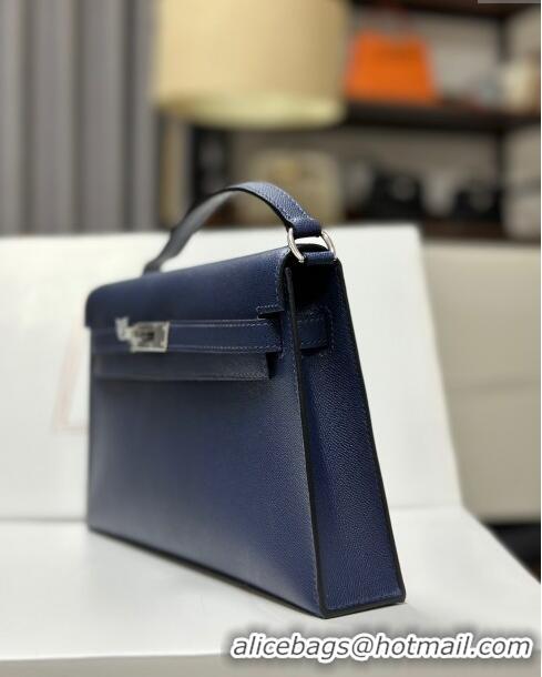 Super Quality Hermes Kelly Elan Bag in Madame Leather 2201 Blue/Silver 2024 (Half Handmade)