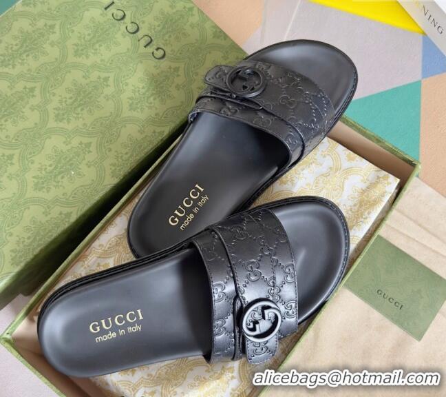 ​Top Design Gucci Men's GG Leather Flat Slide Sandals with Buckle 0427 Black 2024