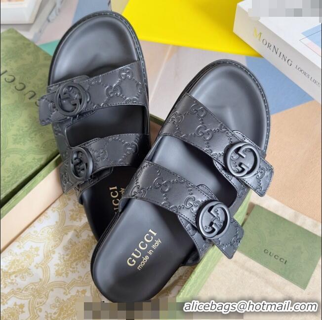 Luxury Cheap Gucci Men's GG Leather Flat Slide Sandals 042702 Black 2024