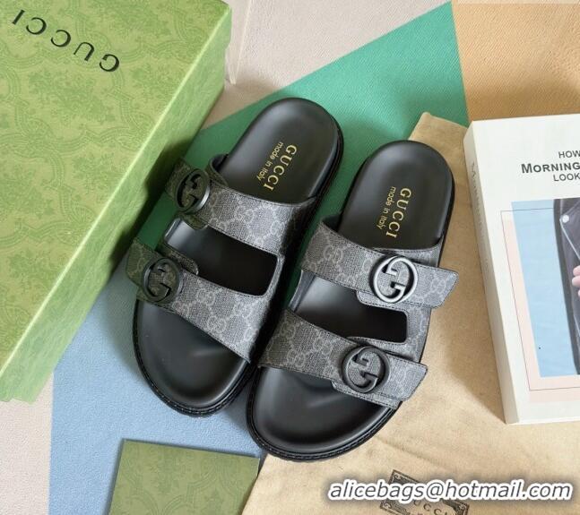 ​Popular Style Gucci Men's GG Canvas Flat Slide Sandals with Double Strap 0427 Black 2024