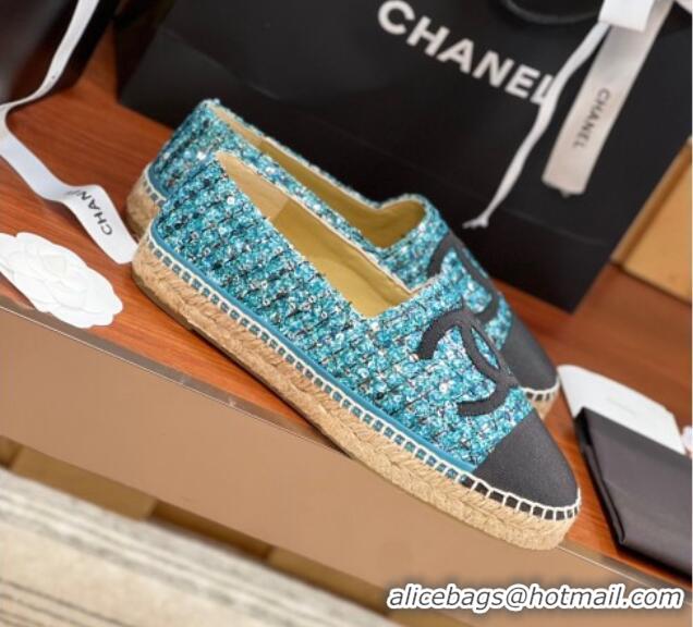 Generous Chanel Tweed & Grosgrain Espadrilles Flat G29762 Blue/Sequins 425023