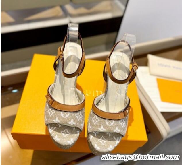 Fashion Luxury Louis Vuitton Helios Wedge Sandals 11cm in Monogram Jacquard Beige 426121