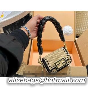 Top Quality Fendi Baguette Mini Flap Bag in Straw 0513 Black 2024