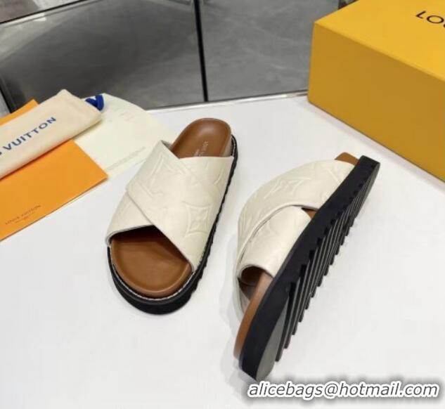 Top Grade Louis Vuitton Women's Monogram Calfskin Flat Slide Sandals with Cross Strap White 426176