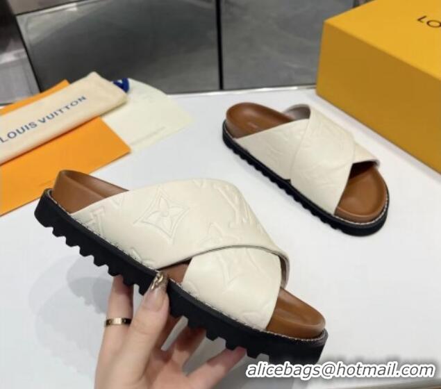 Top Grade Louis Vuitton Women's Monogram Calfskin Flat Slide Sandals with Cross Strap White 426176