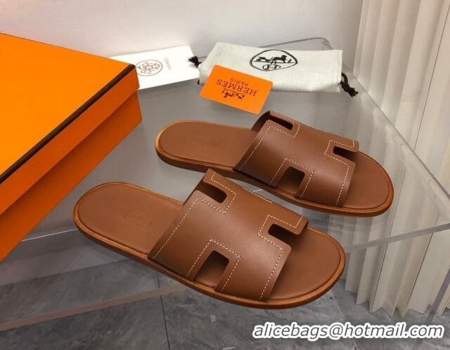 Shop Duplicate Hermes Men's Classic Izmir Flat Slide Sandals in Calfskin with Stitching Brown 327027