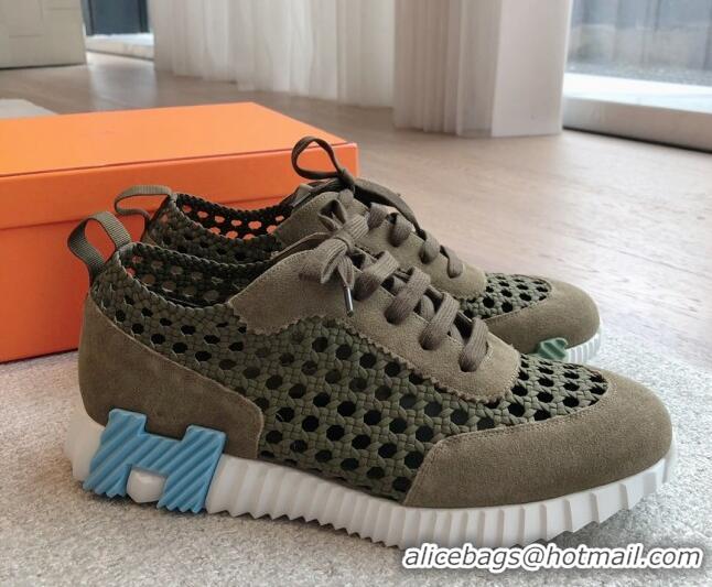 Best Product Hermes Bouncing Sneakers in Printed Braided Silk and Suede Green 425109