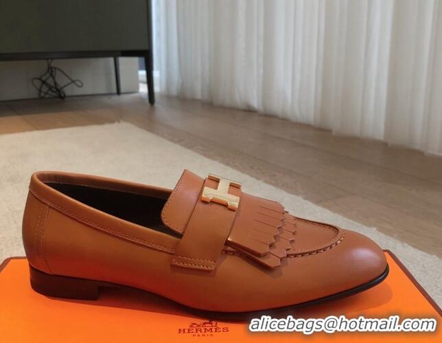 Stylish Hermes Royal Loafers in Calfskin with Fringe Brown/Gold 425203