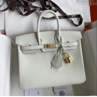 Best Price Hermes Birkin 25cm Bag in Original Swift Leather H025 Glacier White/Gold 2024 (Full Handmade)