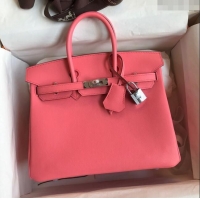 Shop Grade Hermes Birkin 25cm Bag in Original Swift Leather H025 Lipstick Pink/Silver 2024 (Full Handmade)
