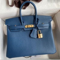Best Price Hermes Birkin 30cm Bag in Original Swift Leather H30 Blue/Gold 2024 (Full Handmade)