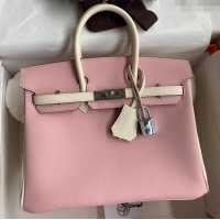 Top Design Hermes Birkin 30cm Bag in Original Swift Leather H30 3Q Pink/Cream White/Silver 2024 (Full Handmade)