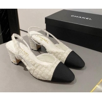 Top Design Chanel Tweed & Grosgrain Slingbacks Pumps 6.5cm G31318 White/Black 423128