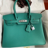 Luxury Cheap Hermes Birkin 30cm Bag in Original Togo Leather H30 Peacock Green/Silver 2024 (Full Handmade)