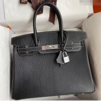 Sophisticated Hermes Birkin 30cm Bag in Original Chevre Leather H30 Black/Silver 2024 (Full Handmade)