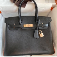 Refined Hermes Birkin 30cm Bag in Original Chevre Leather H30 Black/Orange/Pink Gold 2024 (Full Handmade)