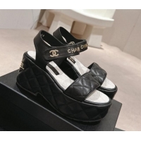 Good Looking Chanel Quilted Lambskin Wedge Platform Sandals 7.5cm Black 424026