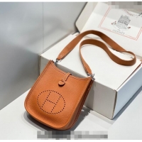 Unique Grade  Hermes Evelyne Mini Bag 18cm in Togo Leather H1048 Brown/Silver 2023 (Half Handmade)