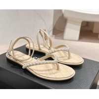 Buy Luxury Chanel Lambskin Flat Thong Sandals with Pearls Beige 424084