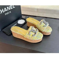 Stylish Chanel Tweed Wedge Slide Sandals 5.5cm with Crystals CC Yellow 424095